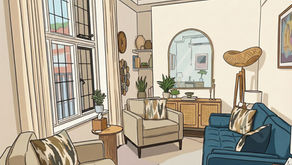 Matthew Frener's cozy therapy consulting room with chairs, plants, and a large mirror. Large window.