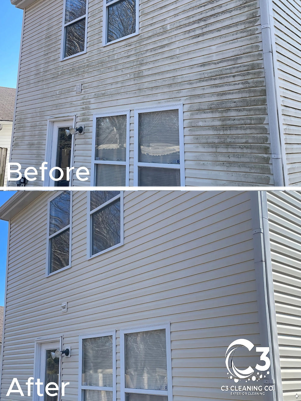 Before and after home siding soft wash in Indianapolis, removing heavy algae and dirt buildup to restore the home's curb appeal.