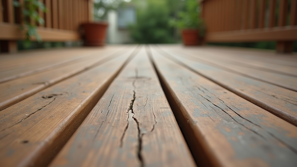Eye-level view of a wooden deck with visible wear and peeling stain