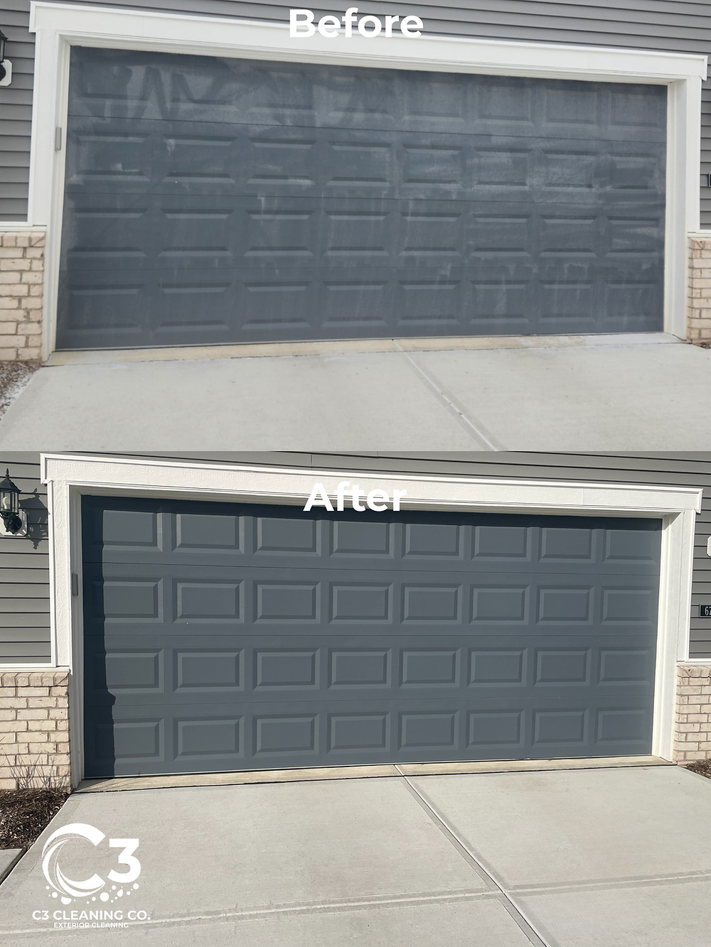Before and after garage door cleaning and restoration in Indianapolis, removing chalky oxidation and road film from a residential garage door.