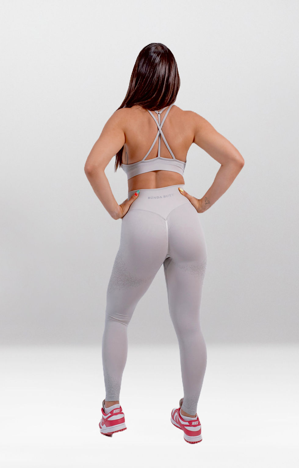 Thumbnail: Back view of Coconut Cream sports bra – open back design with support straps – matching seamless set by BÜNDA BUTT