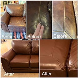 Aniline chair with regular leather loveseat and sofa in Wisconsin after color restoration, cushion rebuilding and manual seam repair on non‑removable seats.