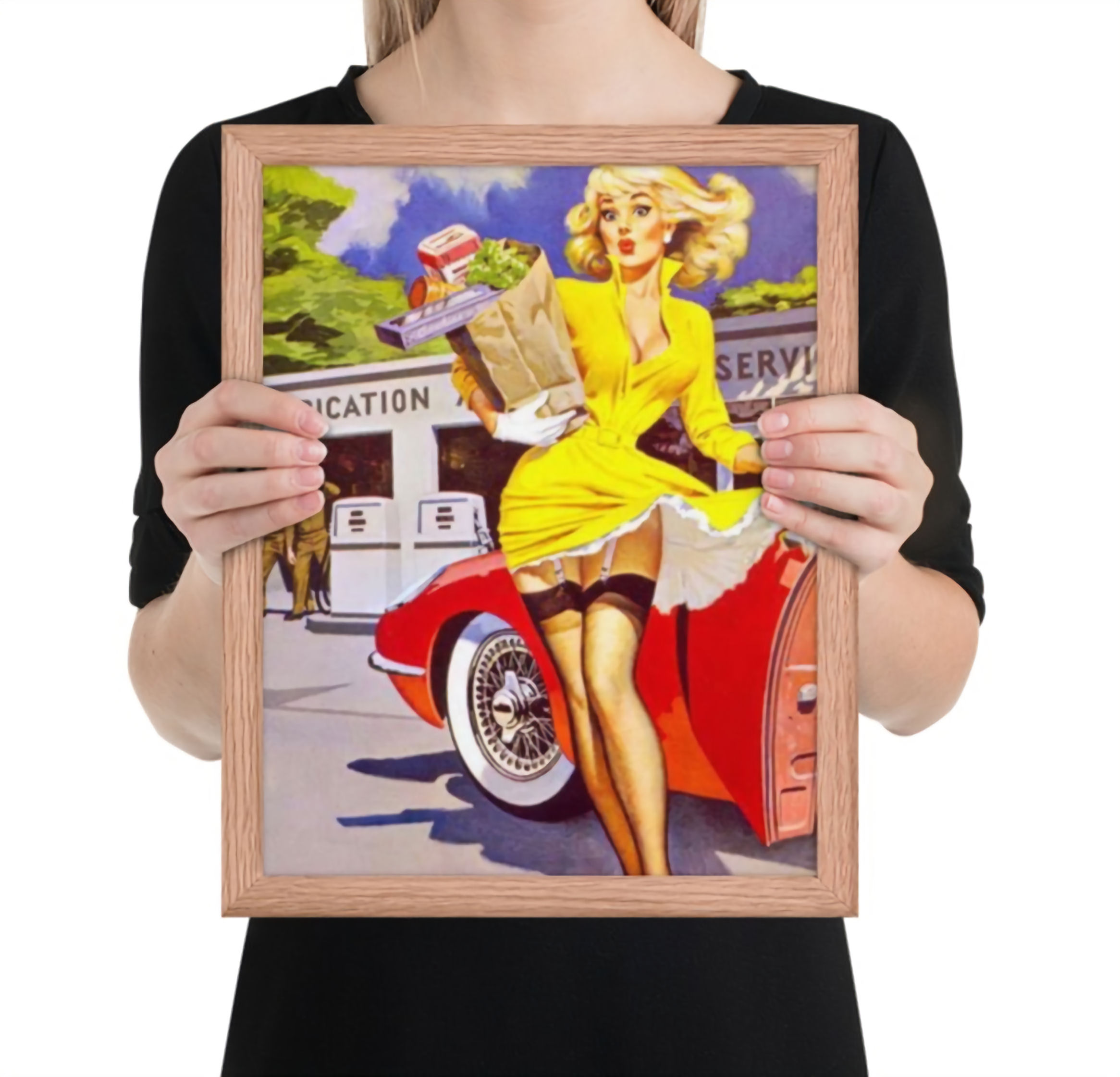 Vintage Auto Service Station Pin Up Girl Artwork Red Oak Framed Matte Poster