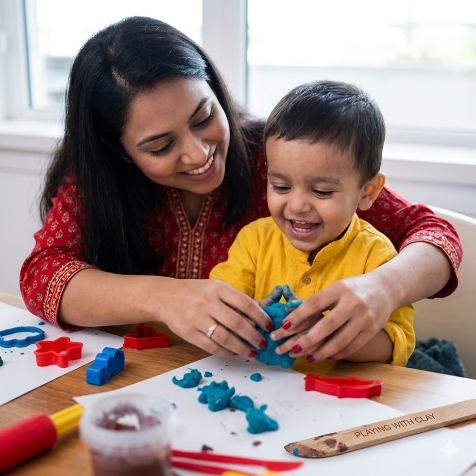 Mother helping child learn through play activities to support early development and growth
