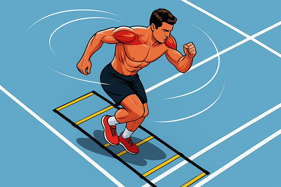 Athlete performing quick footwork on an agility ladder to improve reaction time, foot speed, and court agility for tennis.
