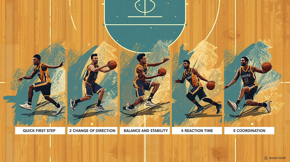Illustration of basketball players demonstrating core agility skills including quick first step, change of direction, balance and stability, reaction time, and coordination.