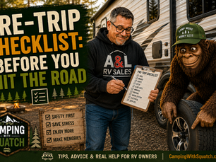 Joe Squatch Stanford doing a pre-trip RV inspection with a checklist near Murfreesboro TN