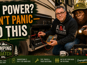 Joe Squatch Stanford checking an RV battery with a multimeter to fix no power near Murfreesboro TN