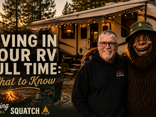Joe Squatch Stanford in front of a fifth wheel set up for full-time RV living near Murfreesboro TN
