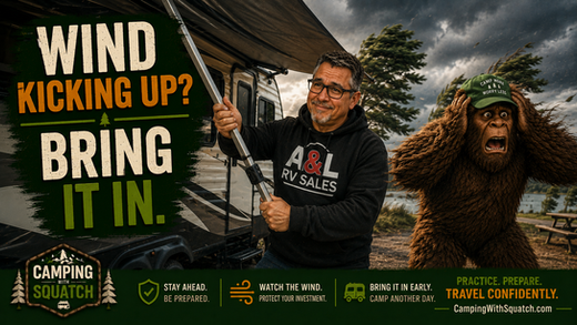 Joe Squatch Stanford retracting an RV awning as wind picks up near Murfreesboro TN