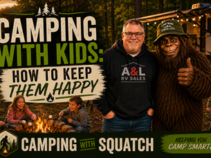 Joe Squatch Stanford with kids roasting marshmallows at a family campsite near Murfreesboro TN