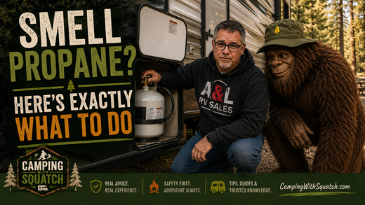 Joe Squatch Stanford showing the propane tank shutoff valve on an RV near Murfreesboro TN
