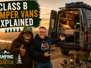 Joe Squatch Stanford beside a Class B camper van at a scenic overlook near Murfreesboro TN