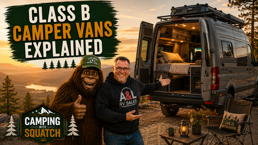Joe Squatch Stanford beside a Class B camper van at a scenic overlook near Murfreesboro TN