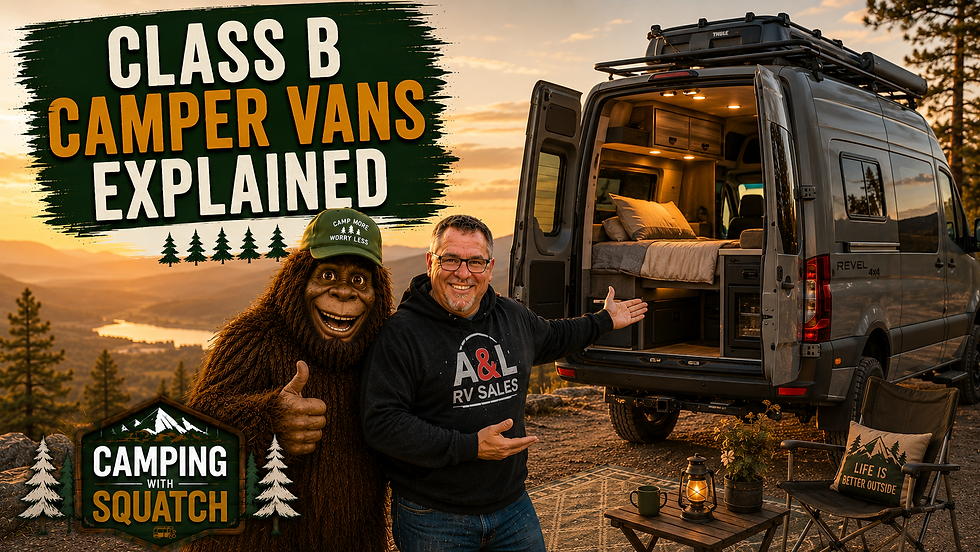 Joe Squatch Stanford beside a Class B camper van at a scenic overlook near Murfreesboro TN
