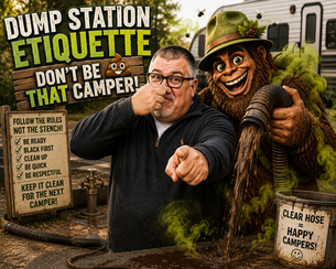 Camper at an RV dump station practicing proper RV dump station etiquette
