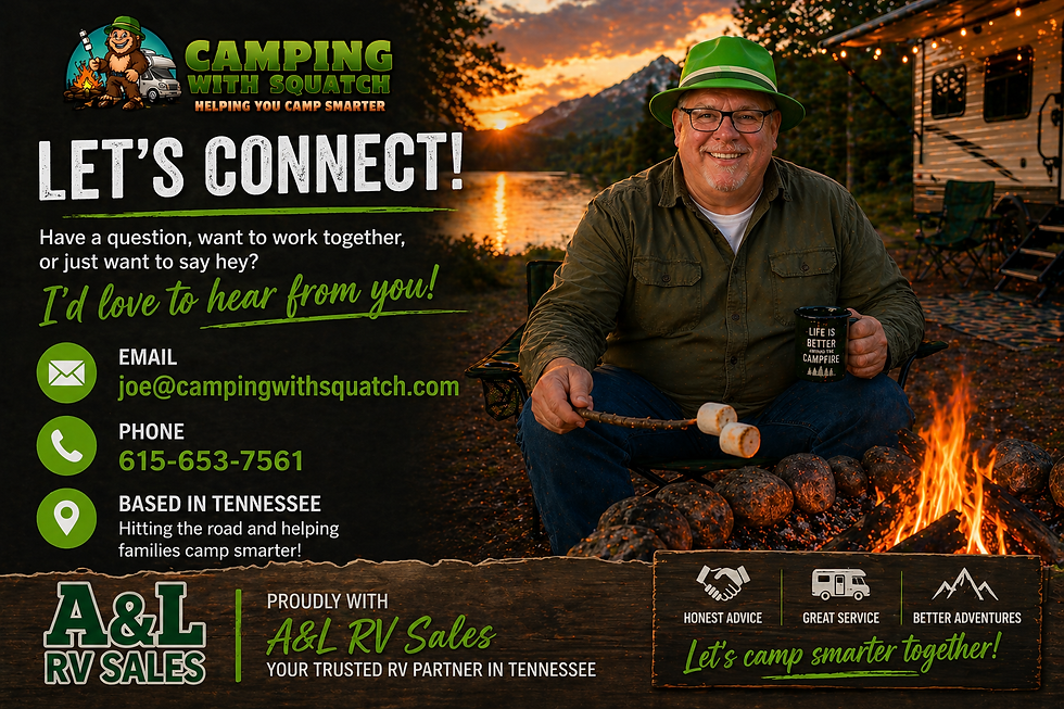 Contact Camping With Squatch page featuring a friendly outdoor-themed design, call-to-action text, and contact options for RV