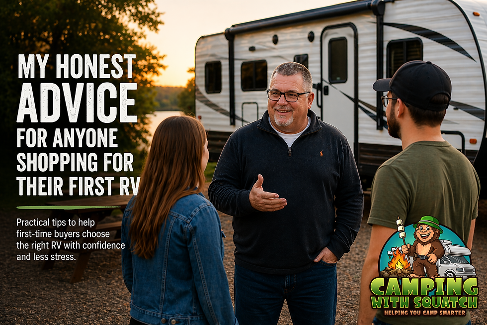Friendly RV guide speaking with first-time shoppers beside a travel trailer at sunset, helping them choose the right camper with confidence.
