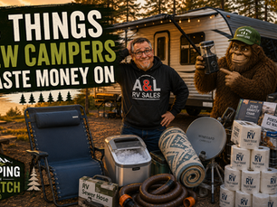 Joe Squatch Stanford with a pile of unnecessary camping gadgets he wasted money on near Murfreesboro TN