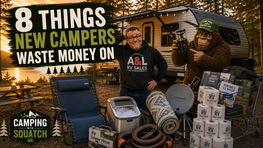 Joe Squatch Stanford with a pile of unnecessary camping gadgets he wasted money on near Murfreesboro TN