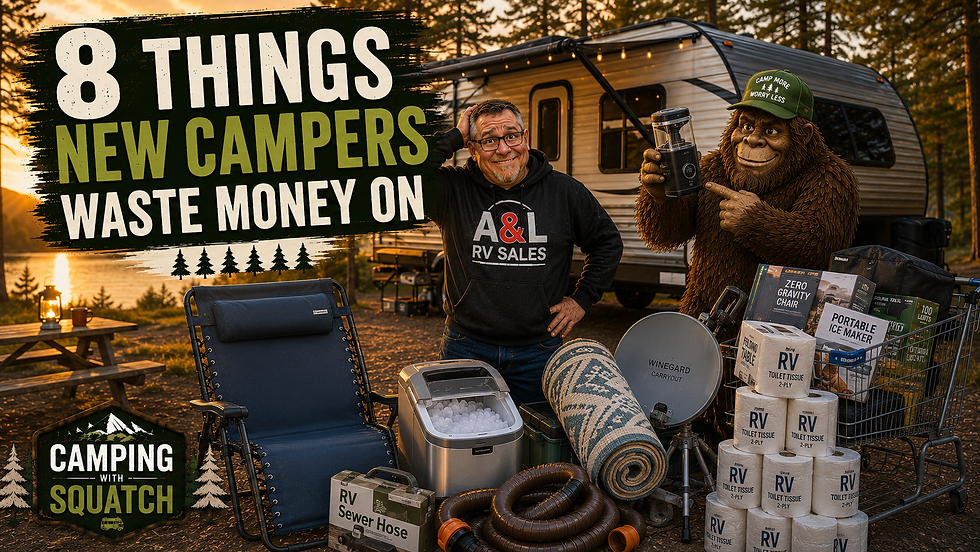 Joe Squatch Stanford with a pile of unnecessary camping gadgets he wasted money on near Murfreesboro TN