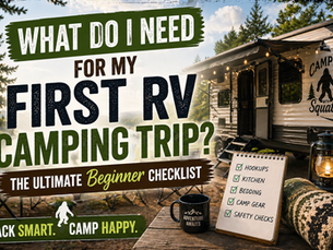 A scenic campsite beside a lake with a travel trailer, camp chairs, lantern, and checklist notebook. Bold text reads What Do I Need for My First RV Camping Trip? The Ultimate Beginner Checklist.