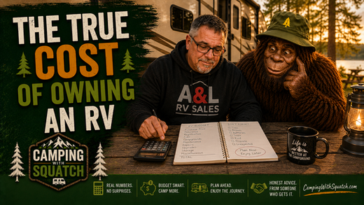Joe Squatch Stanford working out the true cost of RV ownership with a calculator near Murfreesboro TN