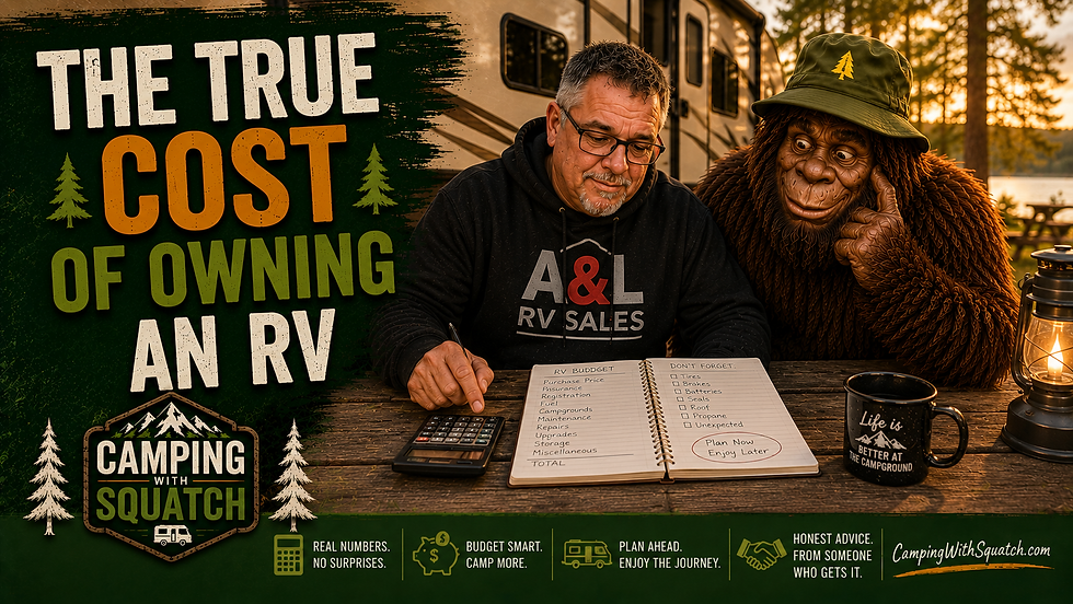 Joe Squatch Stanford working out the true cost of RV ownership with a calculator near Murfreesboro TN