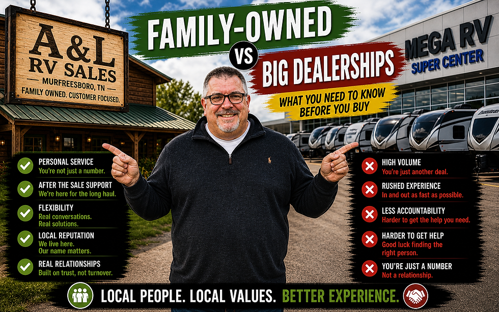 Man at a family owned RV dealership in Murfreesboro pointing to differences between local and big RV dealerships