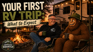 Joe Squatch Stanford relaxing at a campsite on a first RV trip at sunset near Murfreesboro TN