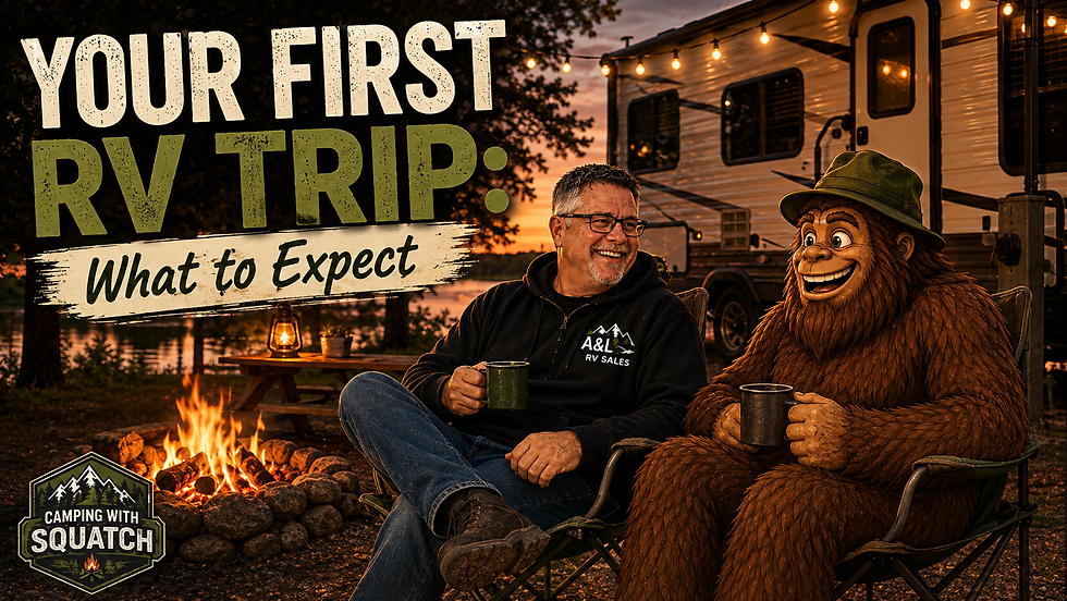 Joe Squatch Stanford relaxing at a campsite on a first RV trip at sunset near Murfreesboro TN