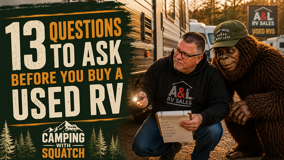 Joe Squatch Stanford inspecting a used RV with a flashlight before buying near Murfreesboro TN