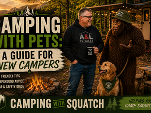 Joe Squatch Stanford with a happy dog on a leash at a campsite near Murfreesboro TN
