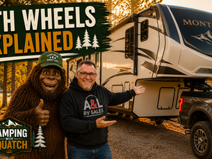Joe Squatch Stanford beside a 5th wheel hitched in a pickup truck bed near Murfreesboro TN