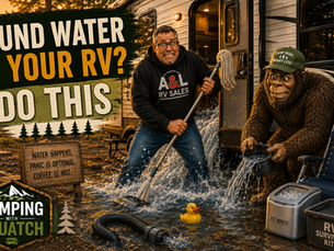 Joe Squatch Stanford calmly checking an RV water leak under a sink near Murfreesboro TN