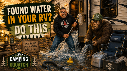 Joe Squatch Stanford calmly checking an RV water leak under a sink near Murfreesboro TN