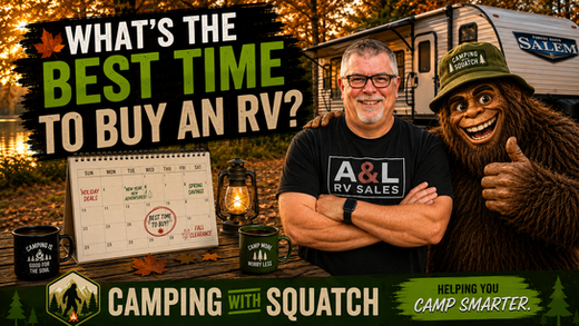 Joe Stanford Camping with Squatch standing beside a travel trailer at a Tennessee campsite — best time to buy an RV guide 2026