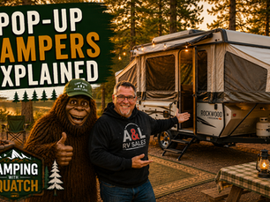 Joe Squatch Stanford beside a popped-up pop-up camper at a campsite near Murfreesboro TN