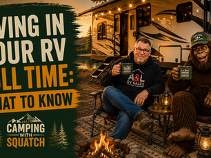 Joe Squatch Stanford in front of a fifth wheel set up for full-time RV living near Murfreesboro TN