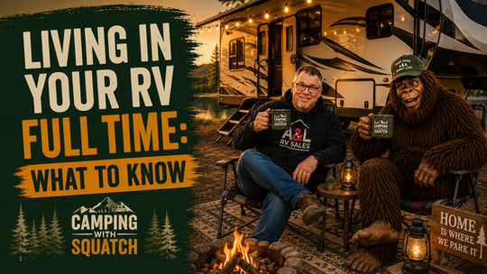 Joe Squatch Stanford in front of a fifth wheel set up for full-time RV living near Murfreesboro TN