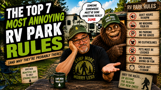 Joe "Squatch" Stanford and Squatch reacting to common RV park rules at a campground while discussing campground etiquette, quiet hours, pet policies, and camping courtesy.