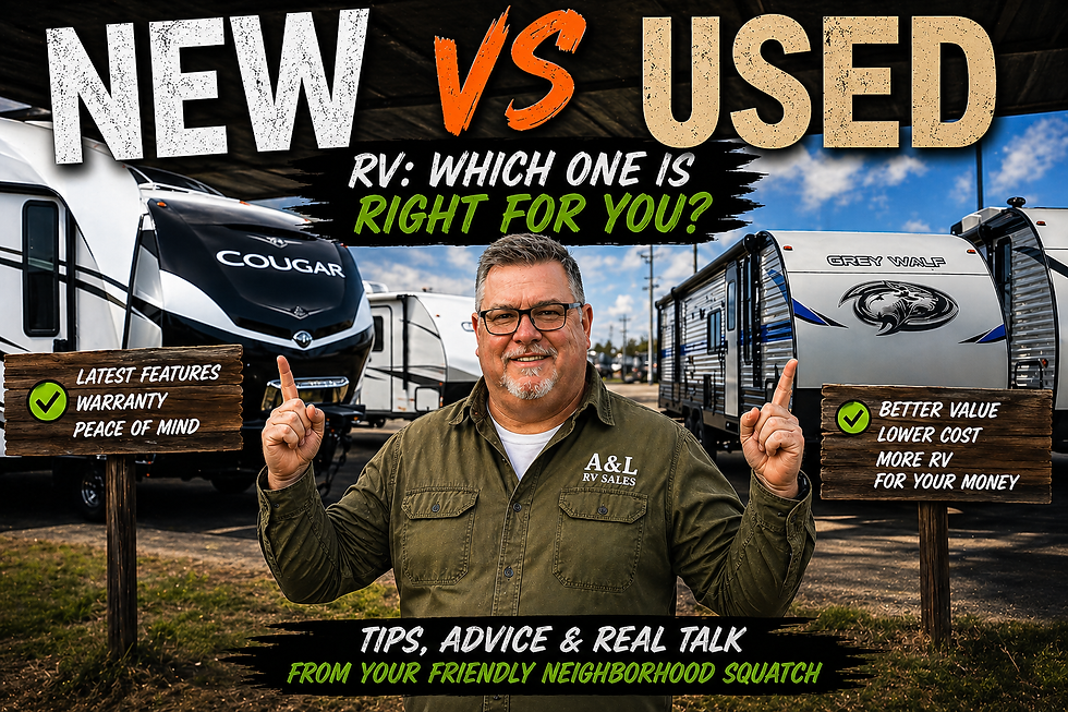 Smiling man standing between two RVs at a dealership with bold New vs Used text, comparing the benefits of buying a new or used camper for families and first-time buyers.