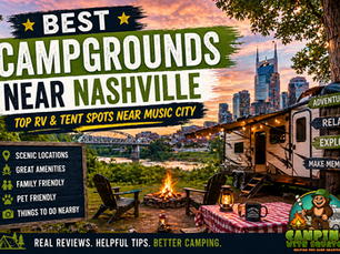 Scenic RV campsite near Nashville at sunset with campfire, travel trailer, city skyline, and text promoting the best campgrounds near Nashville for RV and tent camping.