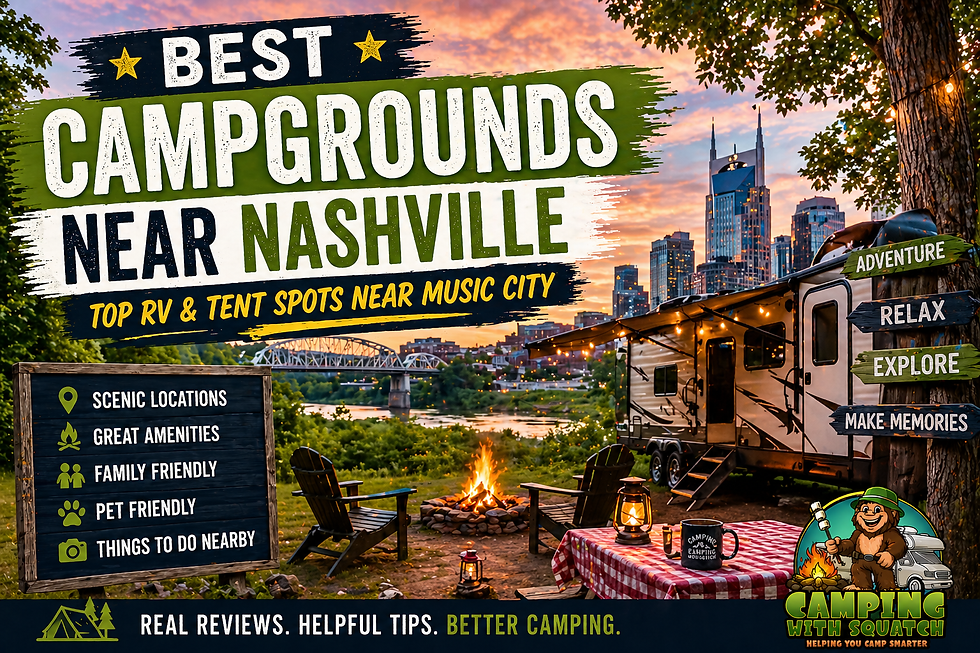 Scenic RV campsite near Nashville at sunset with campfire, travel trailer, city skyline, and text promoting the best campgrounds near Nashville for RV and tent camping.