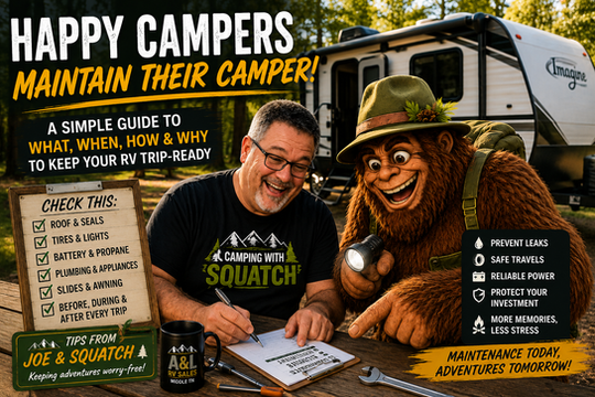 Joe and Squatch reviewing a camper maintenance checklist beside a travel trailer at a campground in Middle Tennessee