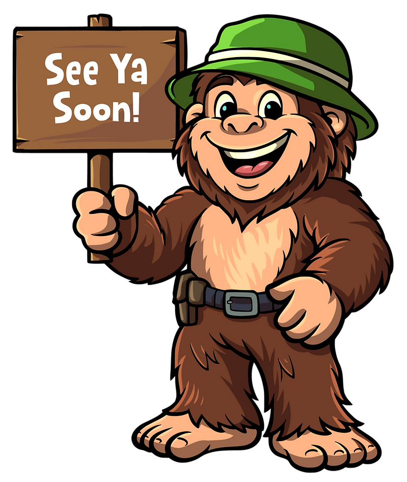 Camping With Squatch mascot featuring a smiling cartoon Bigfoot wearing a green hat and holding a wooden sign, ready to guide
