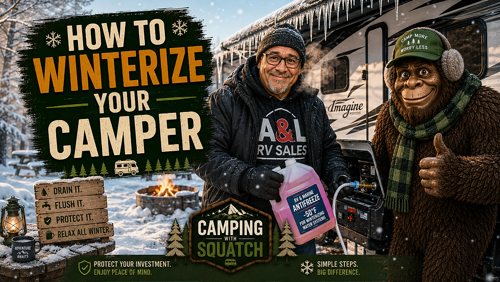 Joe Squatch Stanford winterizing a camper in the snow with RV antifreeze near Murfreesboro TN