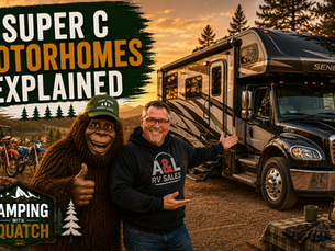 Joe Squatch Stanford beside a heavy-duty Super C motorhome towing a trailer near Murfreesboro TN