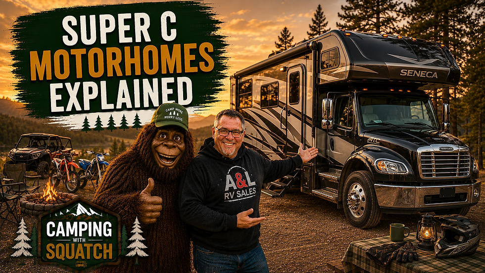 Joe Squatch Stanford beside a heavy-duty Super C motorhome towing a trailer near Murfreesboro TN