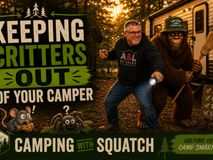 Joe Squatch Stanford keeping cartoon mice and spiders out of a camper near Murfreesboro TN